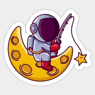 Cute Astronaut Fishing on Moon Cartoon Sticker